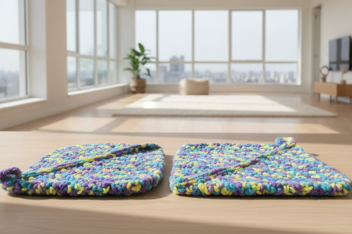 Colorful patterned fabric with a ruler for scale on a pink and gray background